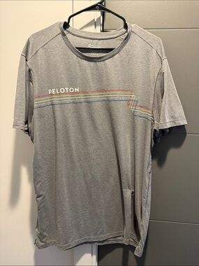 Peloton Gray Short Sleeve Tee with Multicolor Racing Stripes